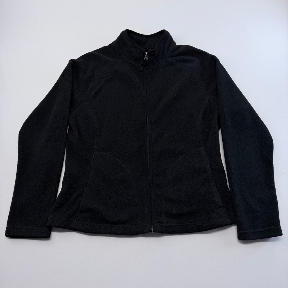 Merona Womens Black Full Zip Fleece Jacket Size L Mock Neck Raglan Pockets